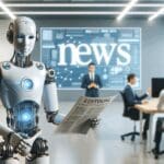 Robot futurista en un ambiente de oficina, destacando la tecnología avanzada de IA.