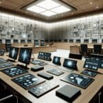 Sala de juzgado moderna con equipos tecnológicos sobre la mesa, ambiente corporativo.