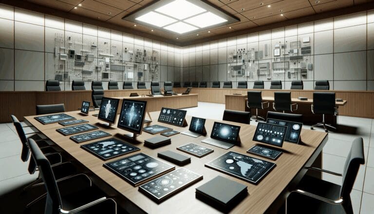 Sala de juzgado moderna con equipos tecnológicos sobre la mesa, ambiente corporativo.
