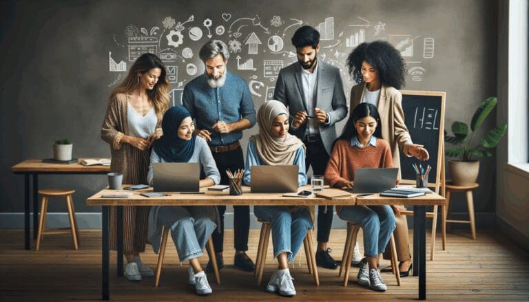 Grupo diverso de jóvenes emprendedores colaborando en un espacio de coworking contemporáneo con pizarras y laptops.