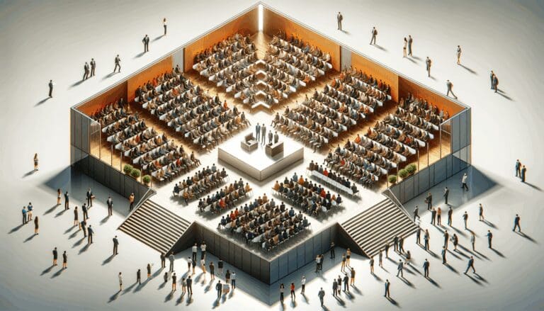 Vista aérea de un auditorio moderno con emprendedores presentando sus startups