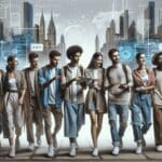 Jóvenes explorando destinos turísticos mientras consultan una tablet, fondo urbano y elementos digitales futuristas.