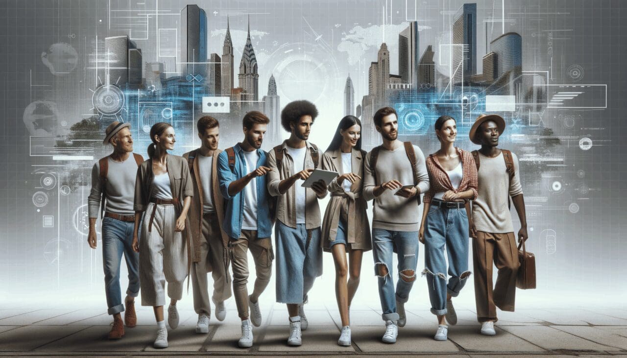 Jóvenes explorando destinos turísticos mientras consultan una tablet, fondo urbano y elementos digitales futuristas.