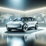 Prototipo de coche eléctrico en exhibición en un espacio tecnológico moderno.