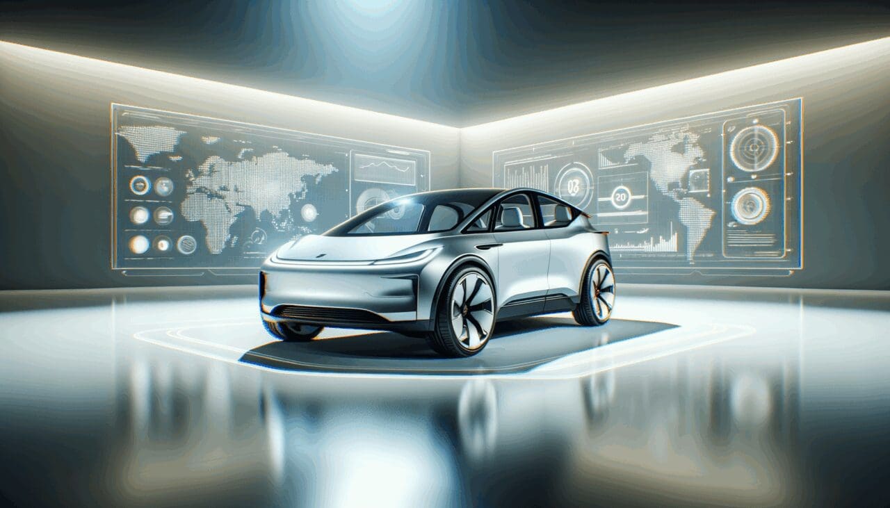 Prototipo de coche eléctrico en exhibición en un espacio tecnológico moderno.