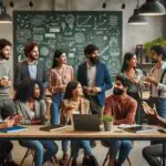 Emprendedores jóvenes dialogando en un espacio de coworking moderno, al fondo pizarras y pantallas tecnológicas.