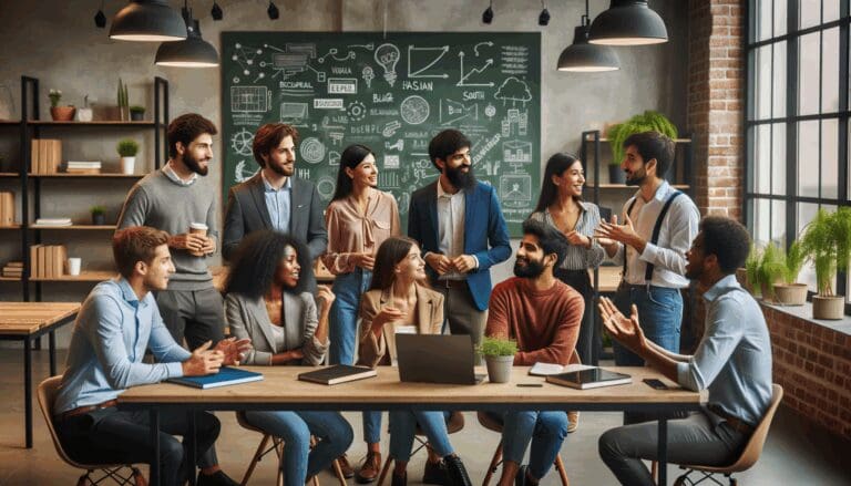 Emprendedores jóvenes dialogando en un espacio de coworking moderno, al fondo pizarras y pantallas tecnológicas.