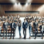 Grupo diverso de jóvenes emprendedores celebrando en un auditorio moderno, con ambiente profesional y tecnológico.