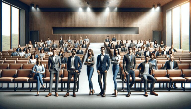 Grupo diverso de jóvenes emprendedores celebrando en un auditorio moderno, con ambiente profesional y tecnológico.