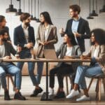 Emprendedores colaborando en un moderno espacio de coworking, tecnología de fondo.