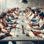 Personas sentadas en un restaurante moderno, usando sus smartphones sobre la mesa, ambiente tecnológico y relajado.