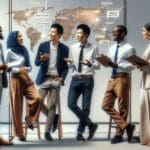 Emprendedores conversando animadamente en un evento tecnológico moderno.