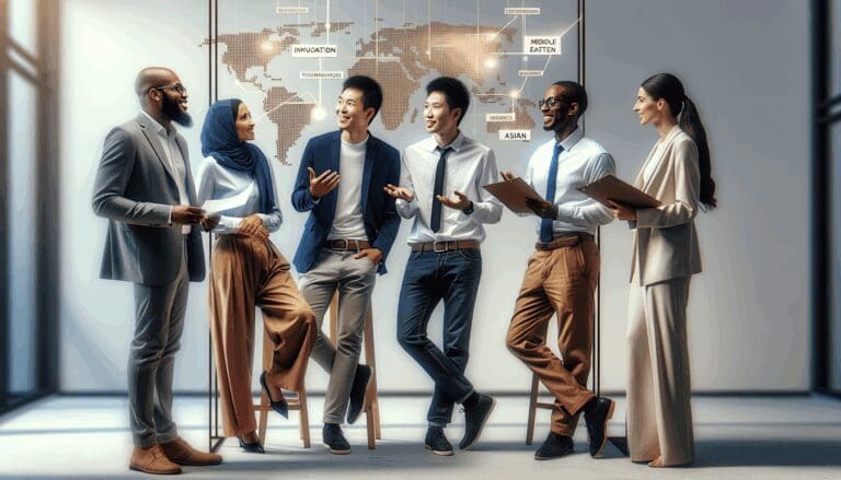 Emprendedores conversando animadamente en un evento tecnológico moderno.