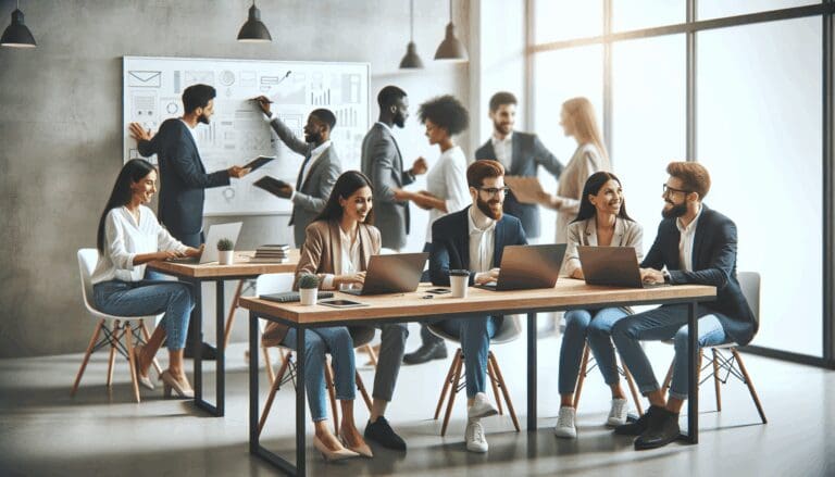 Emprendedores en un espacio de coworking moderno, colaborando con computadoras portátiles y pizarras.