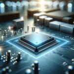 Primer plano de un microchip sobre una placa base iluminada en tonos azules, ambiente de laboratorio tecnológico.