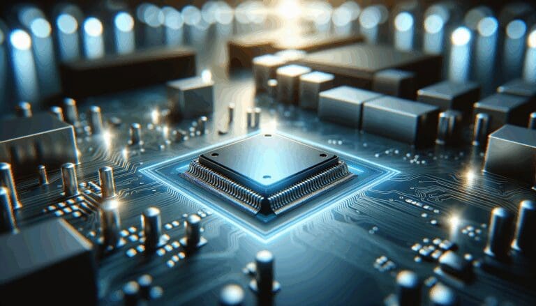 Primer plano de un microchip sobre una placa base iluminada en tonos azules, ambiente de laboratorio tecnológico.