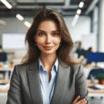 Retrato profesional de una joven emprendedora en un entorno de oficina moderna y tecnológica.