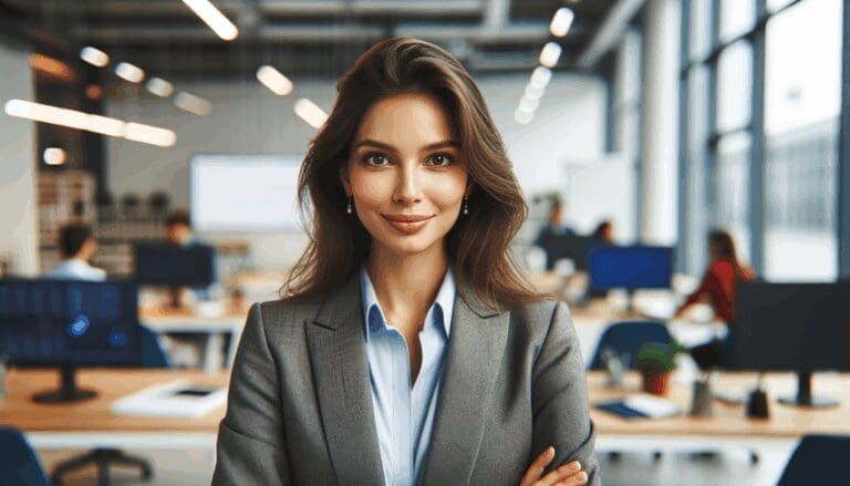 Retrato profesional de una joven emprendedora en un entorno de oficina moderna y tecnológica.