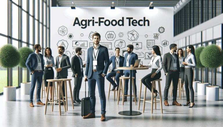 Fotografía de un moderno evento tecnológico agroalimentario con emprendedores presentando innovaciones.