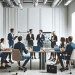 Grupo diverso de emprendedores debatiendo en una sala de reuniones moderna con pizarras y laptops.