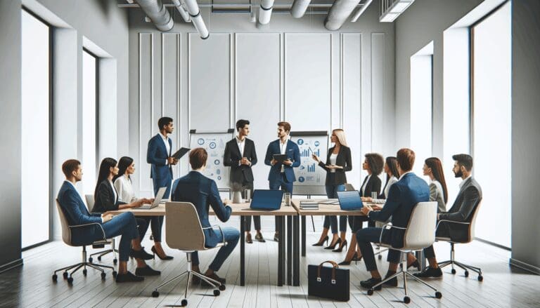 Grupo diverso de emprendedores debatiendo en una sala de reuniones moderna con pizarras y laptops.