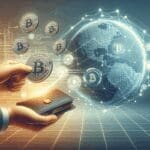 Ilustración estilizada de una mano digital transfiriendo criptomonedas a una cartera virtual sobre un fondo tecnológico.