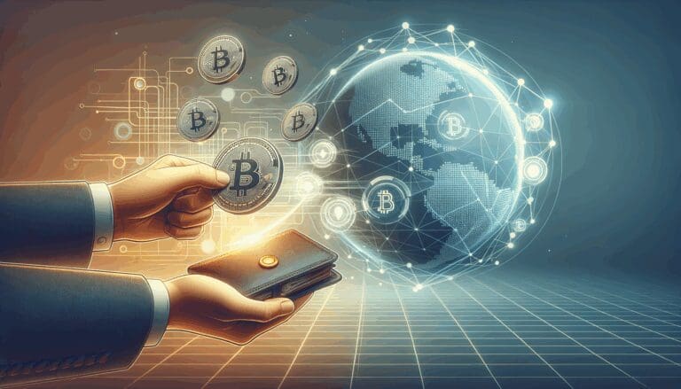Ilustración estilizada de una mano digital transfiriendo criptomonedas a una cartera virtual sobre un fondo tecnológico.