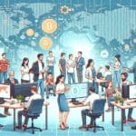 Ilustración de emprendedores y desarrolladores trabajando en una startup cripto, con gráficos digitales y mapas globales de fondo.