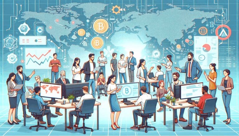 Ilustración de emprendedores y desarrolladores trabajando en una startup cripto, con gráficos digitales y mapas globales de fondo.