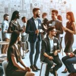 Grupo de emprendedores interactuando en un evento de networking tecnológico.