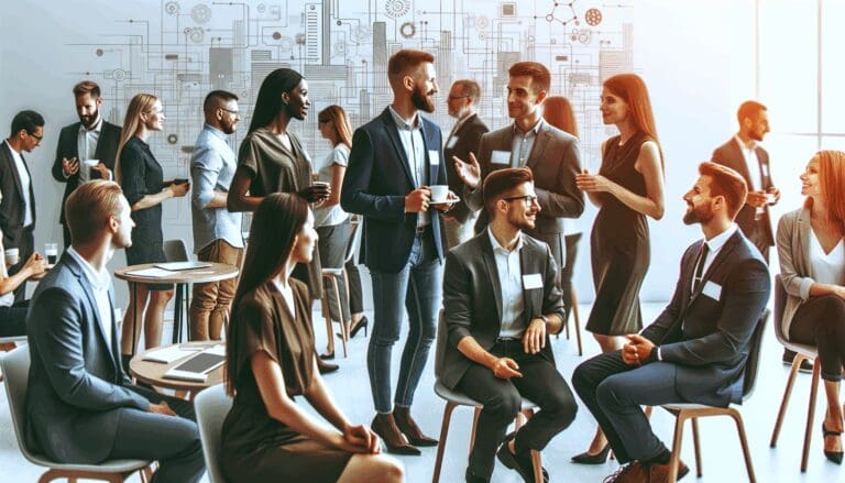Grupo de emprendedores interactuando en un evento de networking tecnológico.
