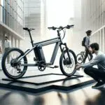Bicicleta eléctrica elegante y modular sobre un fondo urbano contemporáneo, con ciclistas adaptando el vehículo.