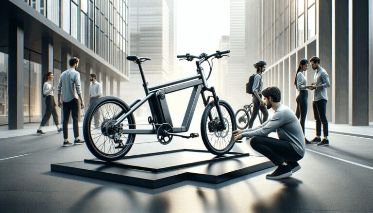 Bicicleta eléctrica elegante y modular sobre un fondo urbano contemporáneo, con ciclistas adaptando el vehículo.