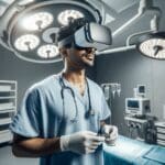 Cirujano utilizando gafas de realidad virtual en un quirófano moderno y luminoso.