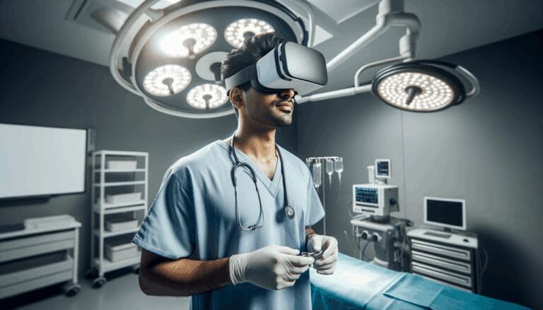 Cirujano utilizando gafas de realidad virtual en un quirófano moderno y luminoso.