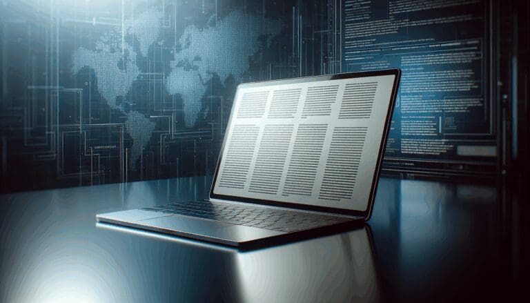 Laptop moderna sobre escritorio oscuro, fondo de código digital y ambiente tecnológico.