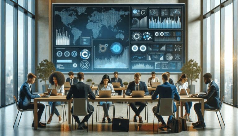 Emprendedores trabajando en laptops en un espacio moderno de coworking, con pantallas mostrando datos y gráficos tecnológicos.