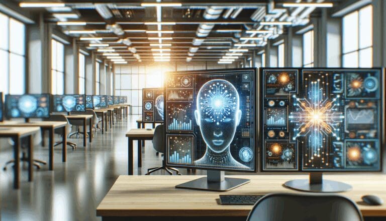 Primer plano de una sala de trabajo de startup con pantallas mostrando gráficos de inteligencia artificial y datos, ambiente moderno y tecnológico.