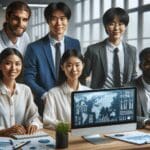 Equipo multicultural trabajando en una oficina moderna enfocada en tecnología ambiental.