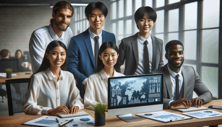 Equipo multicultural trabajando en una oficina moderna enfocada en tecnología ambiental.