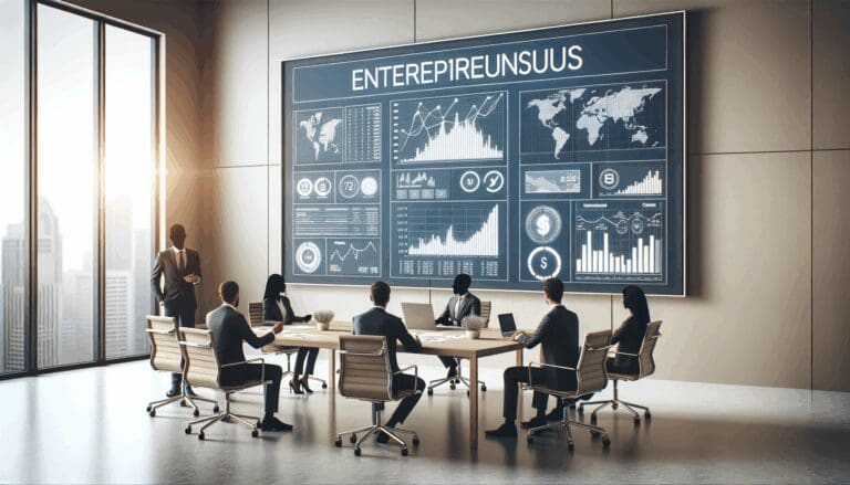 Reunión de emprendedores en una sala moderna con pantallas mostrando gráficos financieros.