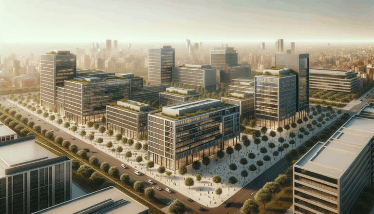 Panorámica de un campus empresarial moderno en Montevideo, con edificios de oficinas y áreas verdes.
