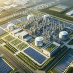 Vista aérea de una planta industrial de tecnología limpia con paneles solares y vegetación alrededor