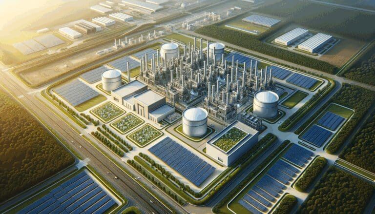 Vista aérea de una planta industrial de tecnología limpia con paneles solares y vegetación alrededor