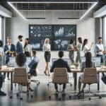 Oficina moderna con emprendedores colaborando frente a pantallas digitales y gráficos.