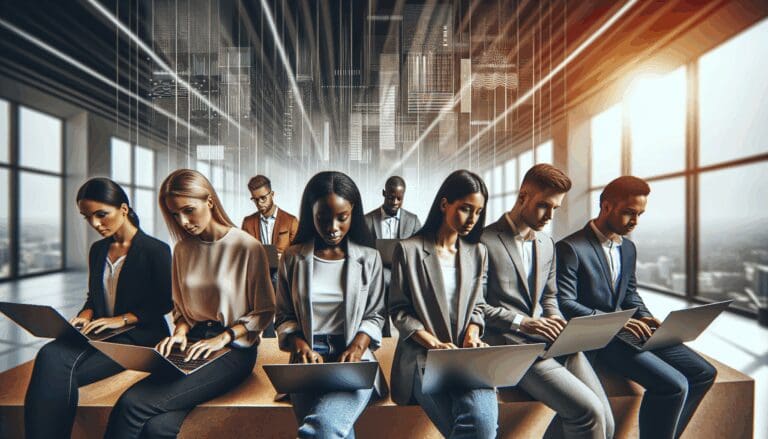 Equipo multicultural de jóvenes profesionales trabajando en laptops, fondo de datos digitales y ambiente moderno.