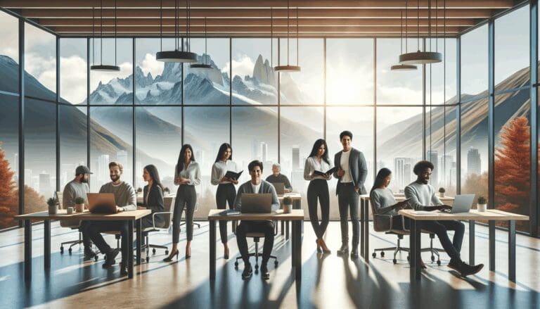 Emprendedores reunidos en un espacio de coworking moderno con ventanales que muestran paisajes de la Patagonia chilena.