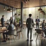 Emprendedores reunidos en un moderno espacio de coworking en un parque natural.