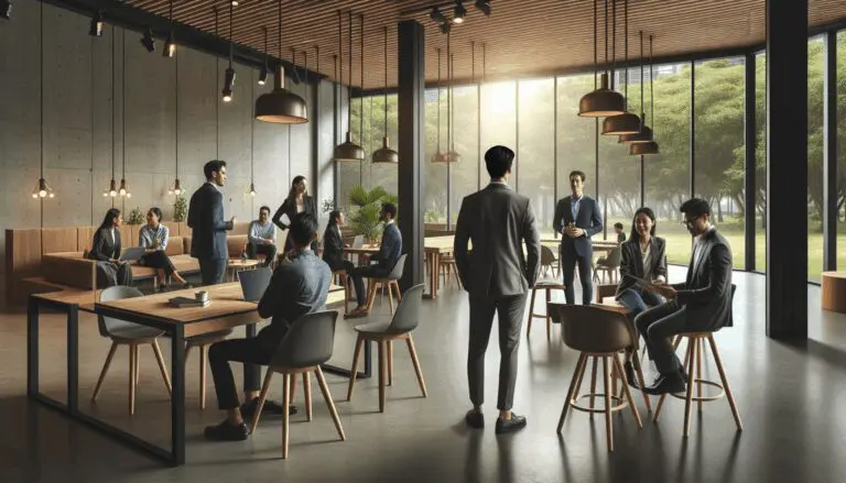 Emprendedores reunidos en un moderno espacio de coworking en un parque natural.