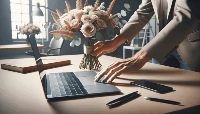 Primer plano de manos diseñando un ramo de flores junto a una laptop en un espacio de oficina moderno.
